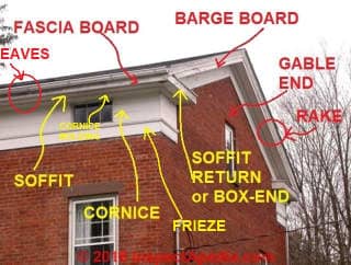 Illustration of soffit, fascia, frieze, cornice, barbeboard, soffit return (C) Daniel Friedman at InspectApedia.com