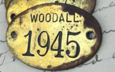Woodall numbered brass tag that MIGHT have been used on Woodall kit homes - discussed at InspectApedia.com This tag was for sale at Etsy in 2021