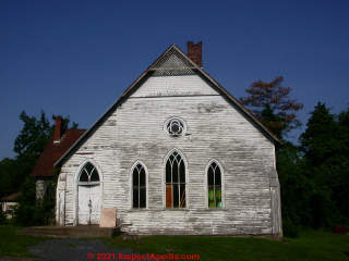Weathered paint failure on a church, Clintondale NY (C) Daniel Friedman at InspectApedia.com