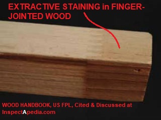 Wood extractive staining in finger-jointed wood, Wood Handbook, US FPL p. 16-9 cited & discussed at InspectApedia.com