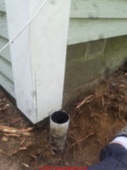 Foundation drain (French Drain) system failures traced to improper original installation, damage, clogs, broken pipes, and other  mistakes (C) InspectApedia.com Warner