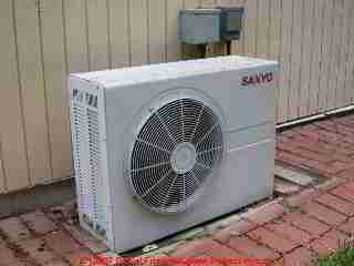 Photograph of the outdoor condenser and compressor unit for the wall-mounted Sanyo split system air residential conditioner shown here