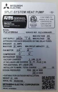 Mitsubishi Mr. Slim R410A compressor/condenser data tag (C) InspectApedia.com