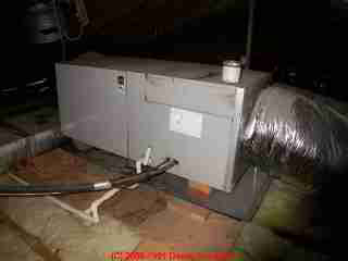 Photograph of the air handler unit or AHU for a typical residential attic air handler installationunit for central air conditioning
