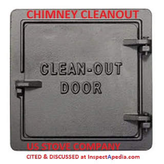 Chimney cleanout door from US Stove Co cited & discussed at InspectApedia.com