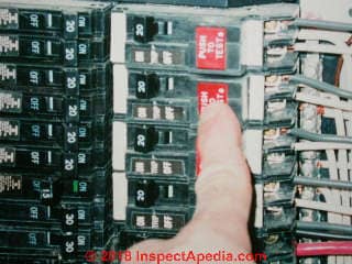 GFCI circuit breakers in an electrical panel (C) Daniel Friedman at InspectApedia.com 