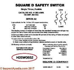 Square D safety switch data tag example of panel or equipment age decoding (C) InspectApedia.com