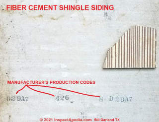 Crisp production data codes on back of fiber cement siding often mark newer non-asbestos material (C) InspectApedia.com Bill G