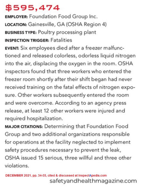 Freezer deaths from nitrogen exposure, Safety+Health Magazine December 2021 pp 33-34, cited at InspectApedia.com