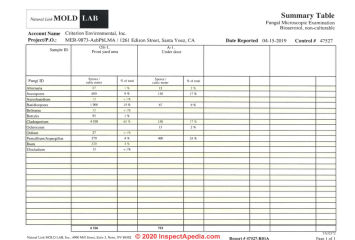 Example mold test report interpretation (C) InspectApedia.com Torres