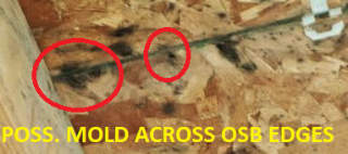 Mold growth across OSB butt joints suggests mold is growing on the OSB after installation in the attic (C) Inspectapedia.com Joseph
