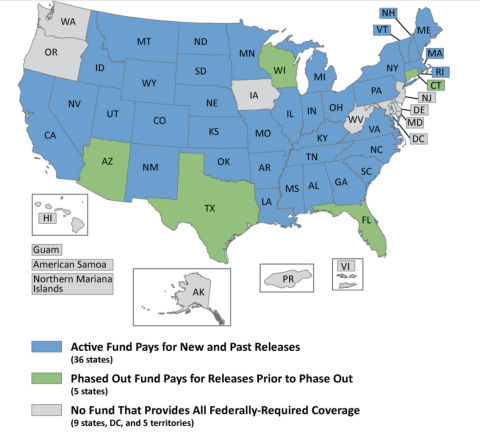 Map of which States have oil tank leak assistance funds at Inspectapedia.com original source US EPA cited in this article