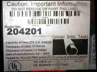 Oil tank label data includes tank thickness and rating (C) Daniel Friedman