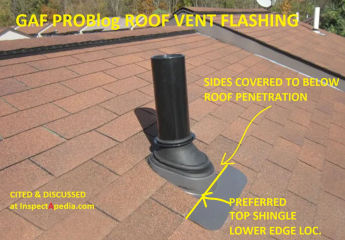 Plumbing vent flashing installation details from GAF's ProBlog example - cited & discussed at InspectApedia.com