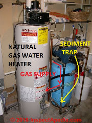 Natural gas water heater sediment trap or dirt leg details (C) Daniel Friedman at InspectApedia.com