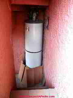 LP gas fired water heater (C) InspectAPedia Daniel Friedman
