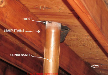 Frost and condensate on plumbing vent in attic (C) InspectApedia.com Kahn