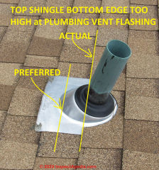 Plumbing vent boot flashing installed too low on roof with respect to shingle courses (C) InspectApedia.com 