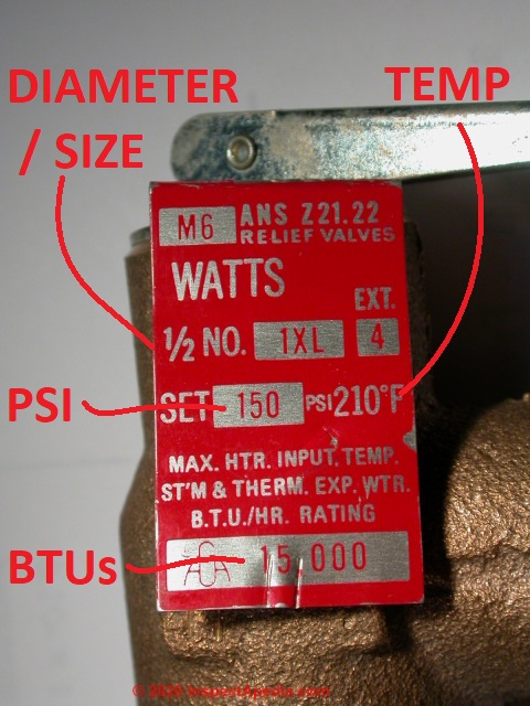 Watts water heater relief valve data tag (C) Daniel Friedman at InspectApedia.com