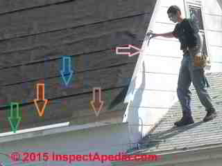 Details of roof drip edge flashing, felt underlayment, starter shingle course on an asphalt shingle roof (C) Daniel Friedman