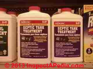 Roebic septic tank treatment for sale at a building supply store (C) InspectApedia.com