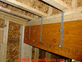 Wood I-Joist connection to wood beam supporting a roof © Daniel Friedman at InspectApedia.com