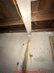 Leaking crack in concrete foundation wall below beam (C) InspectApedia.com Brandi