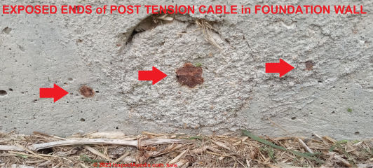 Seal exposed post tension cable ends in foundation wall (C) InspectApedia.com Solis