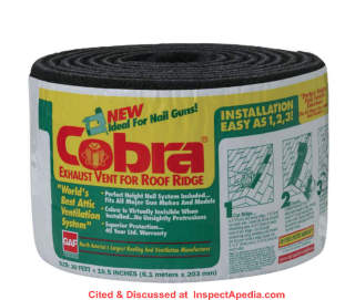 Cobra mesh type ridge vent from GAF-Cobra - may improve resistance to snow blowing in to the roof space at ridge or eaves - cited & discussed at Inspectapedia.com