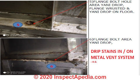 Water leak inside metal duct vent - find and fix the cause (C) InspectApedia.com Gowda