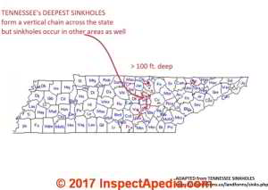 Map of Tennessee's deepsest sinkholes at InspectApedia.com original source: https://tnlandforms.us/landforms/sinks.php