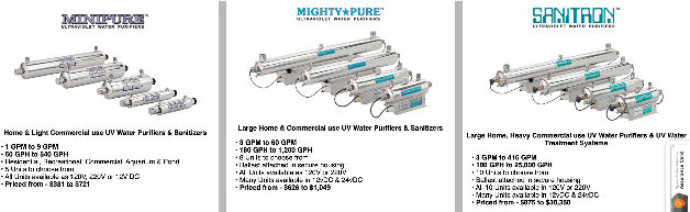 UV water treatment light options for various water flow rates, cited & discussed at Inspectapedia.com