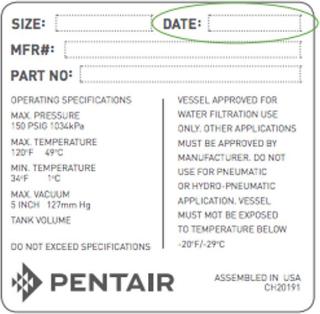 Pentair water pressure tank label indicating tank date of manufacture or tank age - at InspectApedia.com  source: Pentair.com 