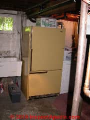 Older refrigerator retired to a new role in the basement of a NY home (C) Daniel Friedman at Inspectapedia.com