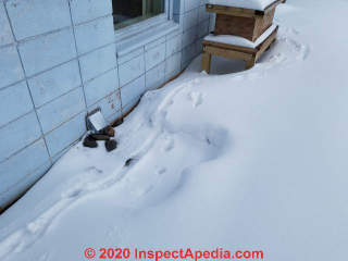 Clothes dryer vent too close to ground, risk blocked by snow cover, easily invaded by mice (C) Daniel Friedman at InspectApedia.com