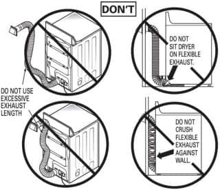 Clothes dryer exhuast vent details NOT recommended by GE - at Inspectapedia.com