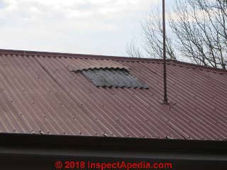 Chimney removed at corrugated metal roof South Island NZ 2014 (C) Daniel Friedman at InspectApedia.com