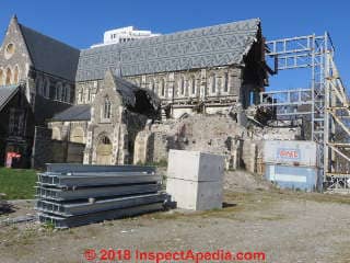 Christchurch Cathedral earthquake damage status in 2014 © Daniel Friedman at InspectApedia.com