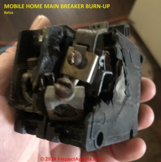Mobile home aluminum wiring, breaker burn up (C) InspectApedia.com Kelso