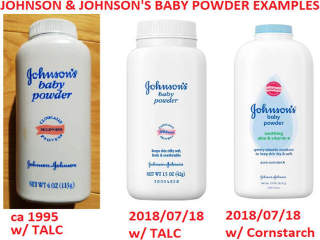 Three examples of Johnson's Baby Powder products (C) Daniel Friedman at InspectApedia.com 