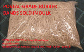 Postal grade rubber bands - some may contain talc cited & discussed at InspectApedia.com photo source: camernproducts.com