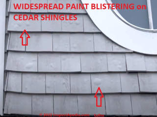 Extensive blistered paint on cedar shingles after power washing and possible use of wrong primer (C) InspectApedia.com Culliss