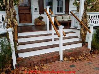 Wood Newel posts attached to brick masonry stairs Cape May NJ (C) Daniel Friedman at InspectApedia.com