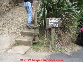Dodgy steps and Newel poste in New Zealand (C) DanieL Friedman at InspectApedia.com