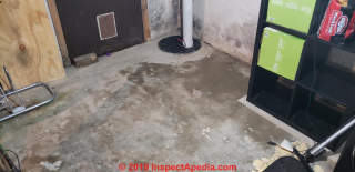 Wet basement floor diagnosis (C) InspectApedia.com Porter LD