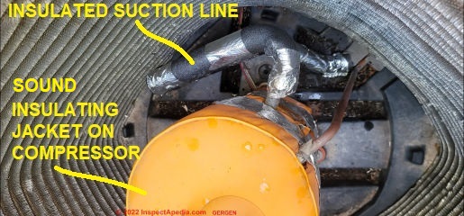 Insulation on suction line & on compressor motor (C) InspetApedia.com Gergen