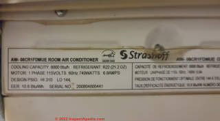 Data tag and model identifcation number for a Strashoff window air conditioner (C) InspectApedia.com Mustang