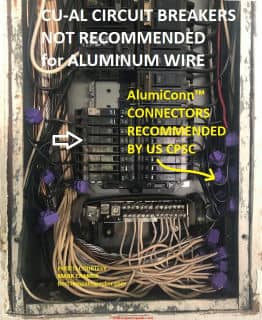 CU-AL circuit breakers and AlumiConn connectors in an aluminum-wire bearing electrical panel (C) InspectApedia.com Mark Cramer 