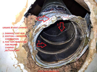 Damaged and unsafe B-vent joint sealed with foil tape (C) InspectApedia.com Chris