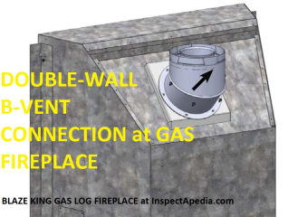 Gas fireplace using B-vent connection from fireplace body onwards - cited  & discussed at InspectApedia.com adapted from Blaze King insdtructions